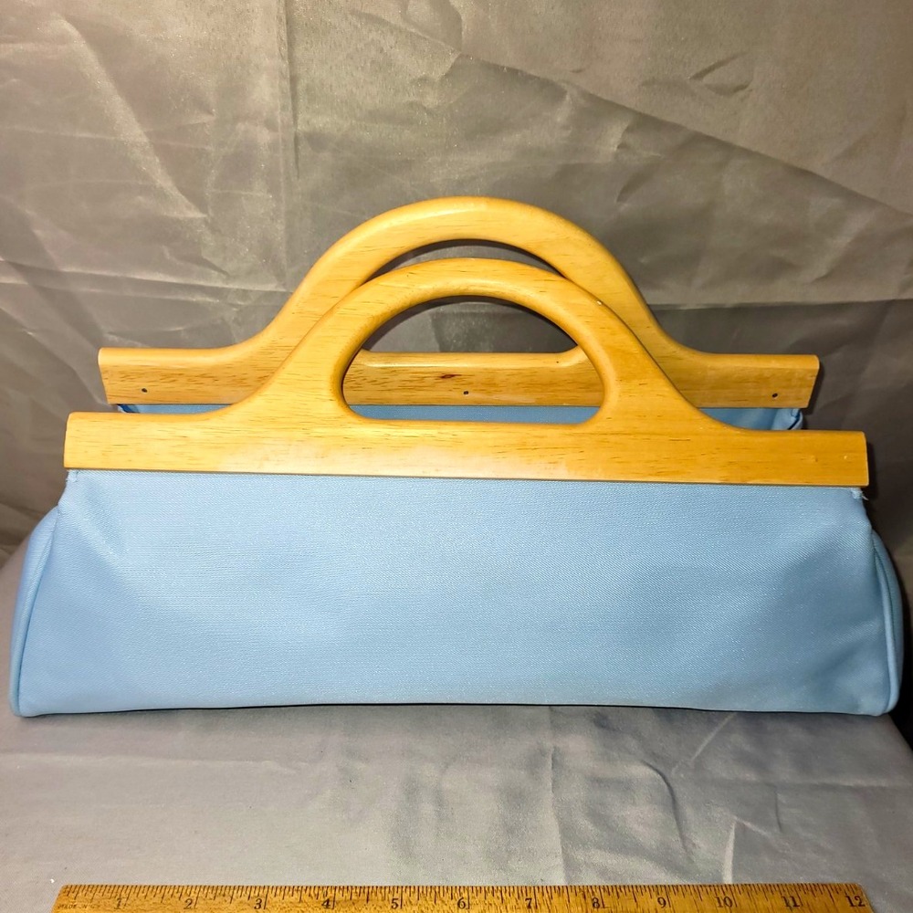 Vintage Estee Lauder Blue Clutch Top Handle Purse, Snap Closure, Wooden Handles,